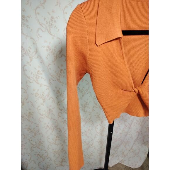 Women's Collared Deep Plunge Twist Crop Top Long Sleeve Sweater, Size Large - Picture 3 of 13